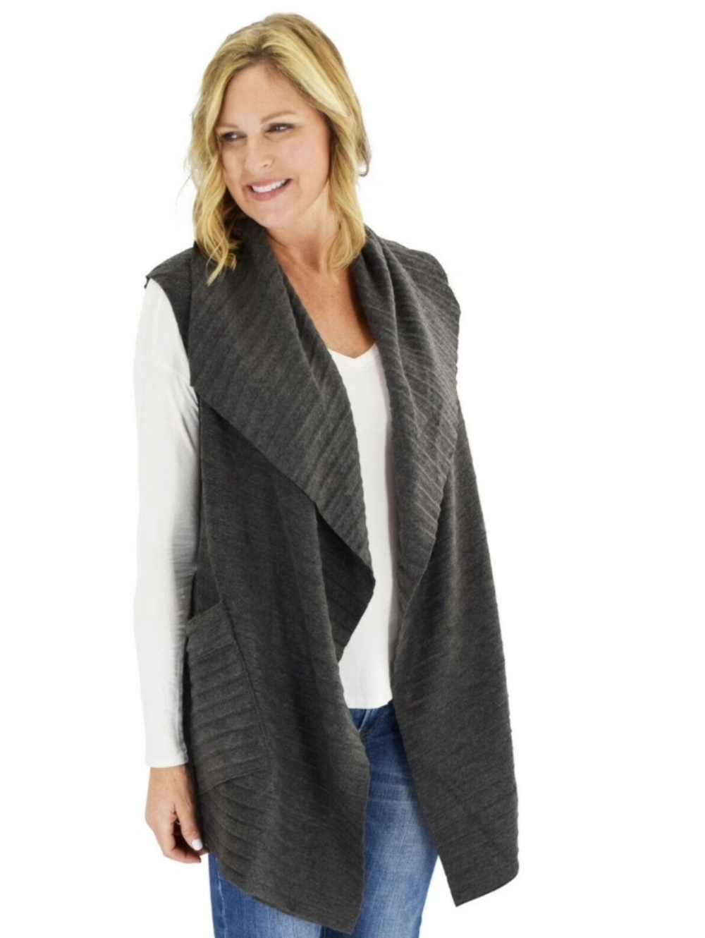 Le Moda Women's Sleeveless Pleated Open Front Fleece Vest